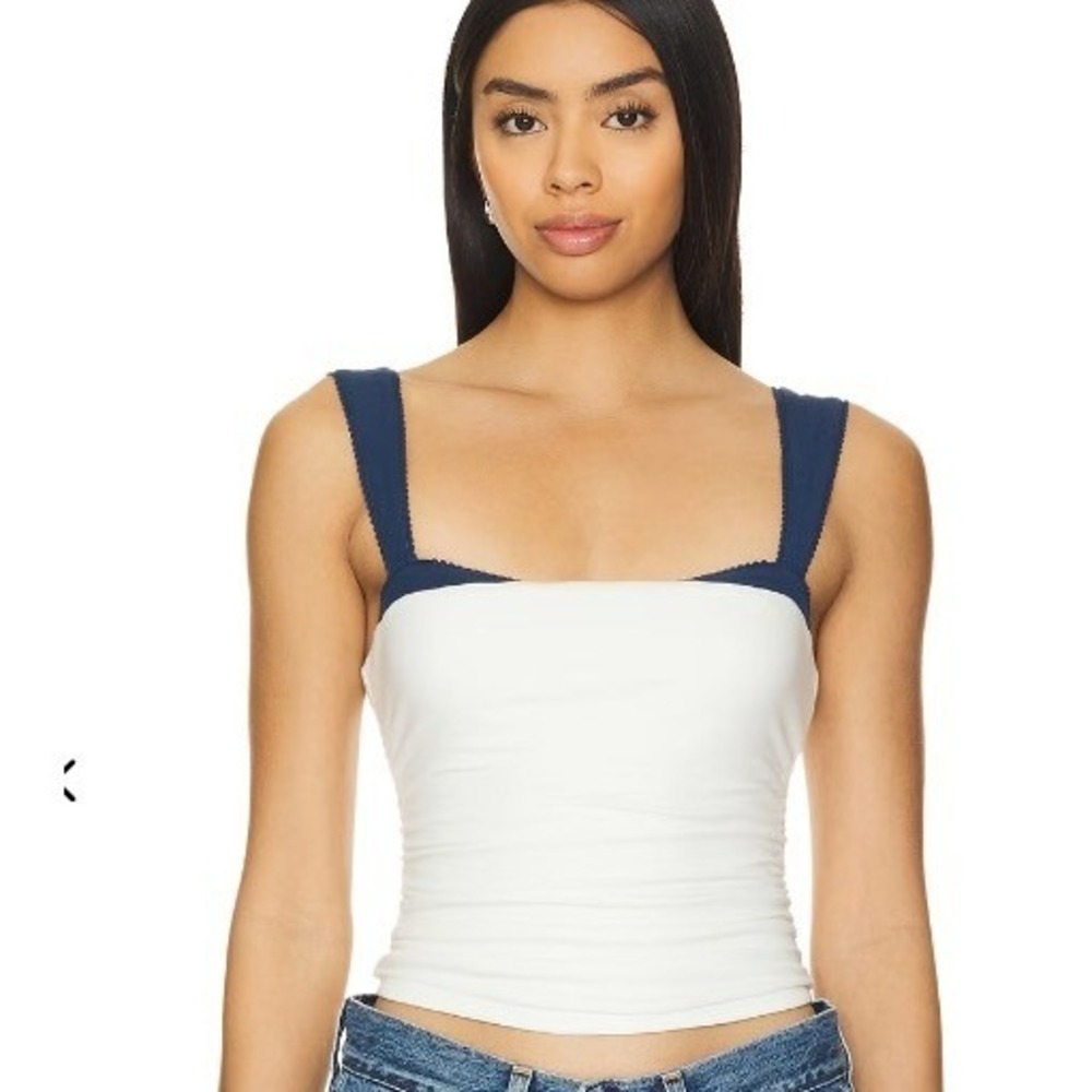 Free People White Navy Blue Ruched Side Lace Trim Square Neck Tank Top XS